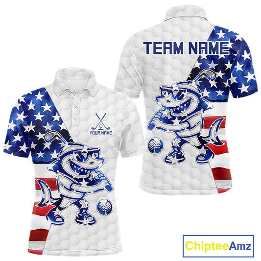 Funny Mens Golf Polo Shirt Patriotic American Flag Custom Name Shark Playing Golf Shirt Funny Golf Apparel NHN0018