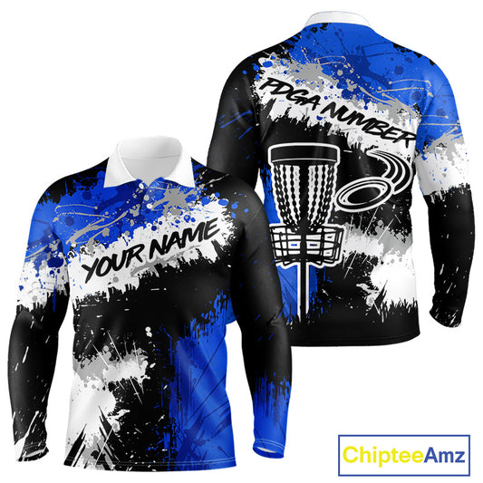 Mens Long Sleeve Disc Golf Polo Shirt Custom Name Number Blue Disc Golf Basket Golf Shirts NHN0028