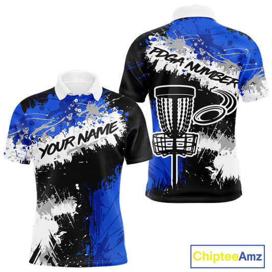 Mens Disc Golf Polo Shirt Custom Name Number Blue Disc Golf Basket Personalized Disc Golf Shirts NHN0028
