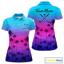 Load image into Gallery viewer, Pink Blue Neon Palm Pattern Womens Golf Polo Shirt Custom Golf Ball Blue Golf Tops, Golfer Gifts NHN0157