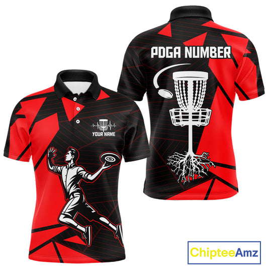 Mens Disc Golf Polo Shirt Custom Name Black And Red Disc Golf Basket Golf Shirts Personalized  NHN0030
