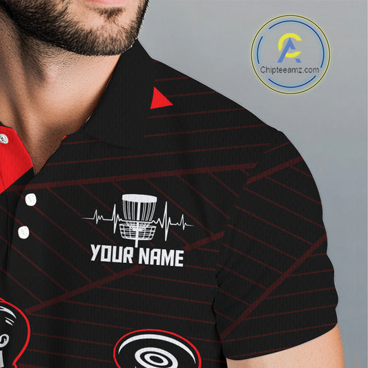 Mens Disc Golf Polo Shirt Custom Name Black And Red Disc Golf Basket Golf Shirts Personalized  NHN0030