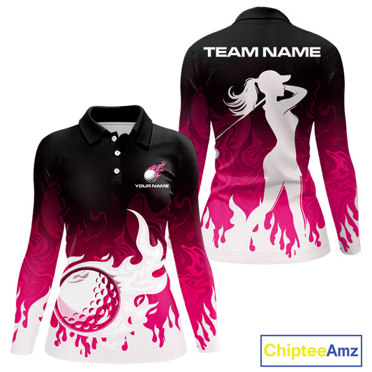 Pink Womens Golf Polo Shirts Custom Name Pink Flame Golf Ball Long Sleeve Shirt For Women Personalized NHN0039