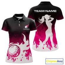 Load image into Gallery viewer, Pink Womens Golf polo Shirts Custom Name With Pink Flame Golf Ball Shirt For Women Personalized NHN0039