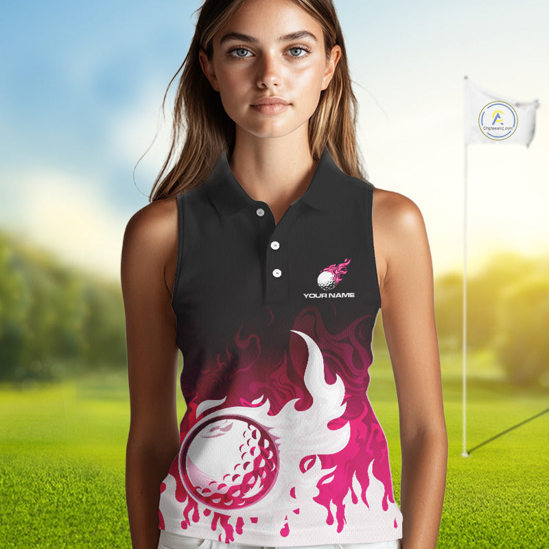 Pink Womens Sleeveless Golf Shirts Custom Name With Pink Flame Golf Ball Shirt For Women Personalized NHN0039