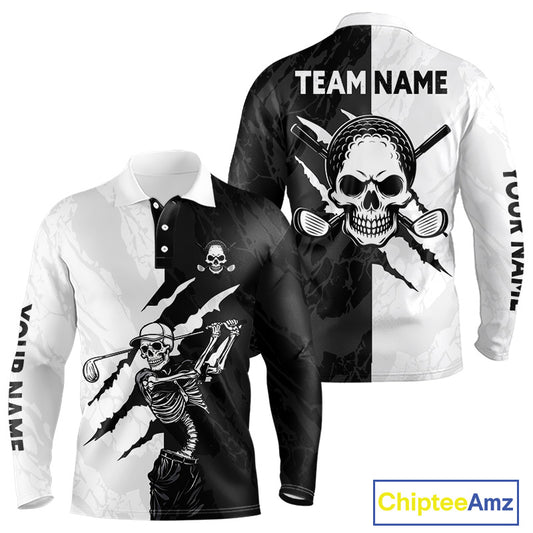 Black And White Funny Skull Long Sleeve Golf Polo Shirts Custom Camo Skull Playing Golf Shirt Golf Gifts NHN0047