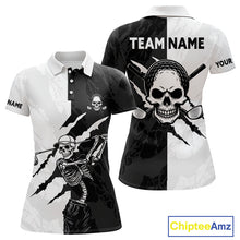 Load image into Gallery viewer, Funny Skull Golf Polo Shirts For Women Black And White Golf Camo Pattern Custom Skull Playing Golf Apparel NHN0047