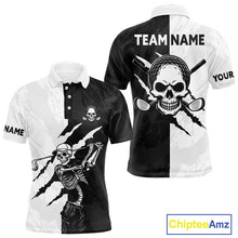 Load image into Gallery viewer, Funny Skull Golf Polo Shirts Black And White Golf Clubs Camo Pattern Custom Skull Playing Golf Apparel NHN0047
