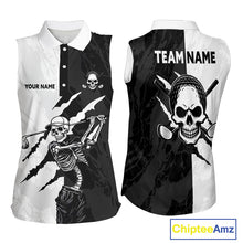 Load image into Gallery viewer, Funny Skull Golf Sleeveless Polo Shirt Custom Black And White Camo Pattern Golf Attire For Women NHN0047