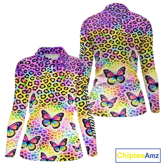 Womens Long Sleeve Golf Polo Shirt Colorful Rainbow Leopard Print Custom Butterfly Team Golf Tops NHN0180