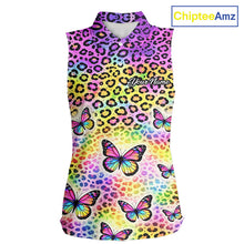 Load image into Gallery viewer, Womens Sleeveless Golf Polo Shirt Colorful Rainbow Leopard Print Custom Butterfly Team Golf Tops NHN0180