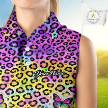Load image into Gallery viewer, Womens Sleeveless Golf Polo Shirt Colorful Rainbow Leopard Print Custom Butterfly Team Golf Tops NHN0180