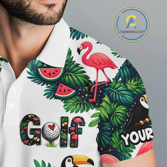 Funny Mens Golf Polo Shirt Custom Floral Tropical Leaf Pattern Flamingo Golf Shirt For Men NHN0193