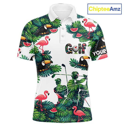 Funny Mens Golf Polo Shirt Custom Floral Tropical Leaf Pattern Flamingo Golf Shirt For Men NHN0193