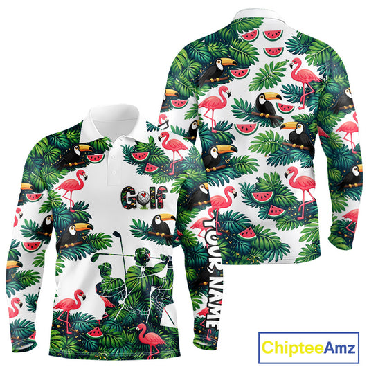 Funny Long Sleeve Golf Polo Shirt Custom Tropical Floral Pattern, Flamingo Golf Shirt For Men NHN0193