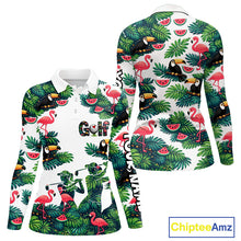 Load image into Gallery viewer, Funny Womens Long Sleeve Golf Polo Shirt Custom Tropical Pattern, Flamingo Golf Shirt For Ladies NHN0193