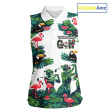 Load image into Gallery viewer, Funny Womens Sleeveless Golf Polo Shirt Custom Tropical Pattern, Flamingo Golf Shirt For Ladies NHN0193