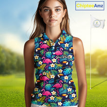 Load image into Gallery viewer, Womens Sleeveless Golf Polo Shirt Flamingo Floral Pattern, Custom Colorful Tropical Team Golf Shirt NHN0194