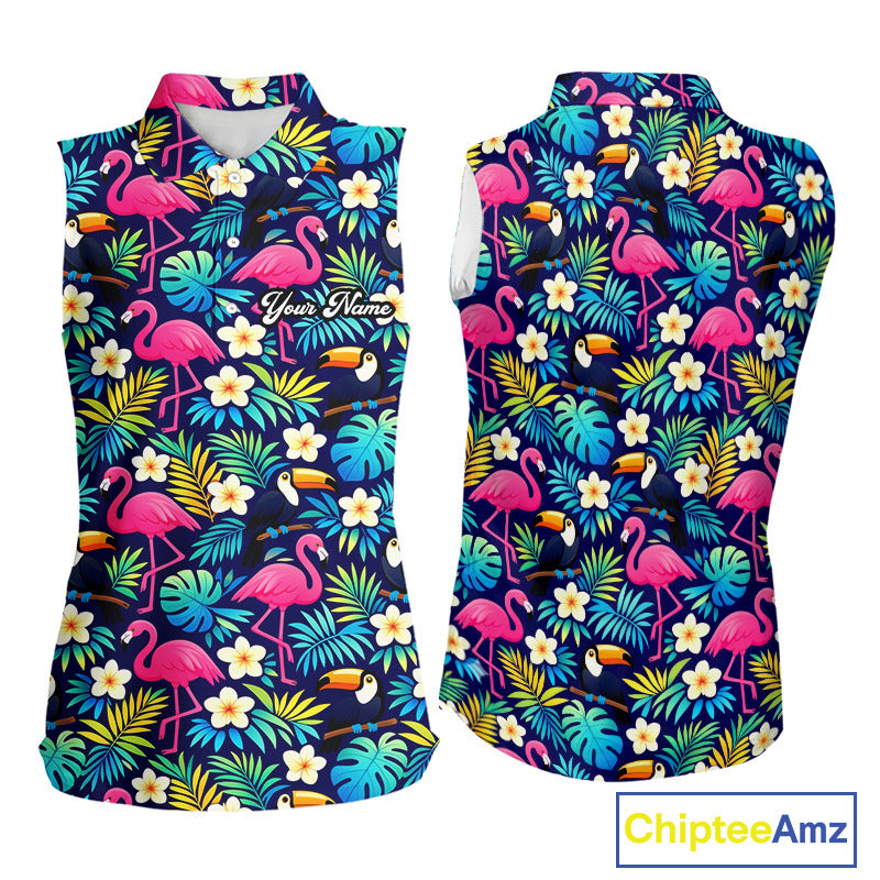 Womens Sleeveless Golf Polo Shirt Flamingo Floral Pattern, Custom Colorful Tropical Team Golf Shirt NHN0194