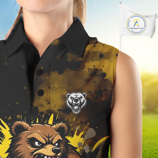 Womens Sleeveless Golf Polo Shirt  Custom Yellow And Black Grunge Pattern With Bear Grasping Golf Ball NHN0063