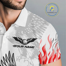 Load image into Gallery viewer, Mens Golf Polo Shirt Custom Eagle Red Flame Team Golf Tops, White Golf Outfit For Men NHN0070