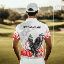Load image into Gallery viewer, Mens Golf Polo Shirt Custom Eagle Red Flame Team Golf Tops, White Golf Outfit For Men NHN0070