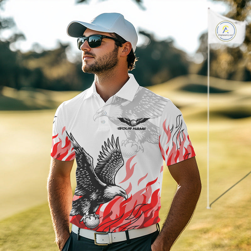 Mens Golf Polo Shirt Custom Eagle Red Flame Team Golf Tops, White Golf Outfit For Men NHN0070