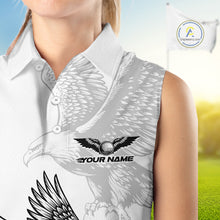 Load image into Gallery viewer, Womens Sleeveless Golf Polo Shirtt Custom Eagle Blue Flame Golf Tops, White Golf Outfit NHN0070