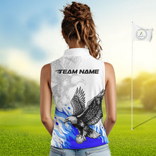 Load image into Gallery viewer, Womens Sleeveless Golf Polo Shirtt Custom Eagle Blue Flame Golf Tops, White Golf Outfit NHN0070
