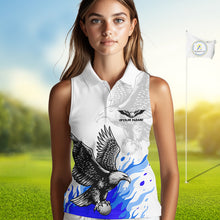 Load image into Gallery viewer, Womens Sleeveless Golf Polo Shirtt Custom Eagle Blue Flame Golf Tops, White Golf Outfit NHN0070