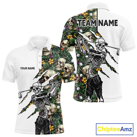 Funny Mens Golf Polo Shirt Custom Tropical Golf Ball Pattern Personalized Skull Golf Shirts For Men NHN0047