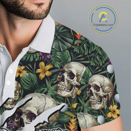 Funny Mens Golf Polo Shirt Custom Tropical Golf Ball Pattern Personalized Skull Golf Shirts For Men NHN0047