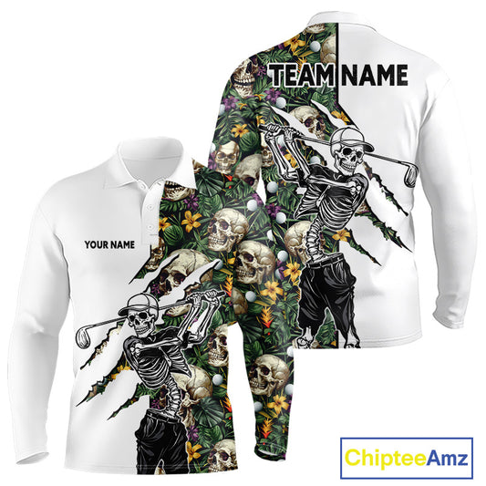 Funny Long Sleeve Golf Polo Shirt Custom Tropical Golf Ball Pattern Personalized Skull Golf Shirts NHN0047
