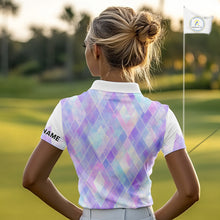 Load image into Gallery viewer, Violet And Blue Square Pattern Womens Golf Polo Shirt Custom Name Golf Tops For Ladies NHN0203