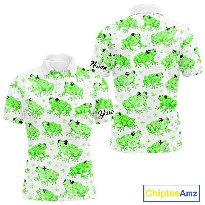 Funny Green Frog Pattern Mens Golf Polo Shirts Custom Golf Attire For Men, Golfer Gift NHN0134