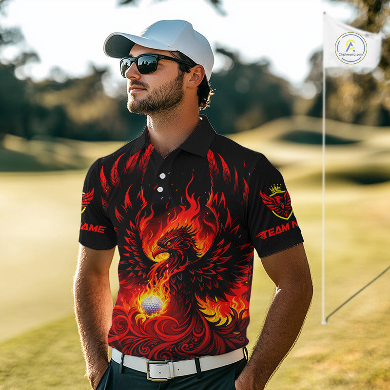Mens Golf Polo Shirt Custom Phoenix Red Flame Team Golf Tops, Black Golf Outfit For Men NHN0084