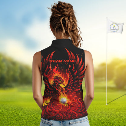 Womens Sleeveless Golf Polo Shirt Custom Phoenix Red Flame Team Golf Tops, Black Golf Outfit For Ladies NHN0084