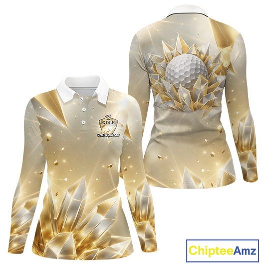 Womens Long Sleeve Golf Polo Shirt Custom Gold Diamond Crystal Golf Ball Custom Name Team Golf Shirts NHN0220