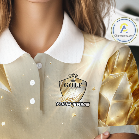 Womens Golf Polo Shirt Custom Gold Diamond Crystal Golf Ball Custom Name Golf Shirts For Team NHN0220