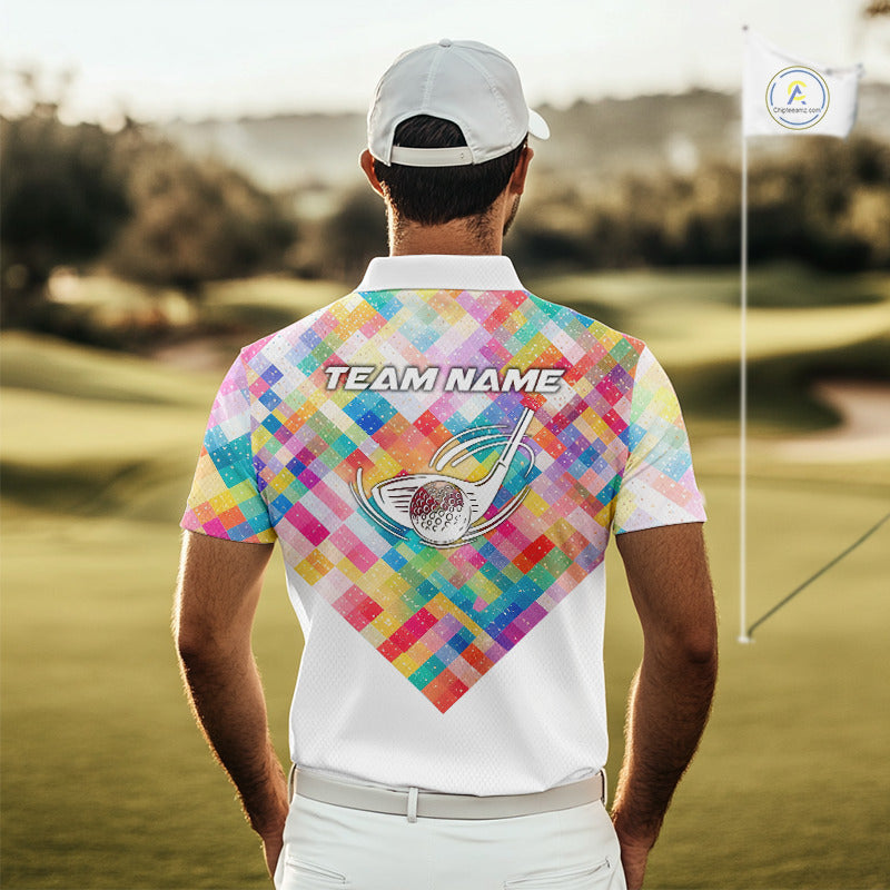 Geometric Pink Mens Golf Polo Shirts Custom Name Golf Shirts For Men Personalized Golf Gifts NHN0089