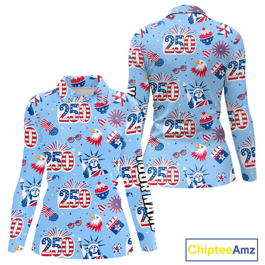 America 250th Anniversary Womens Long Sleeve Golf Polo Shirt, Patriotic USA Golf Shirts, Golf Gift NHN0232