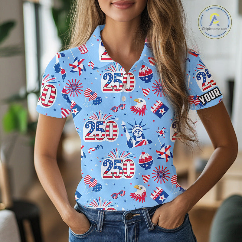 America 250th Anniversary Golf Polo Shirt For Women, Patriotic USA Golf Shirts, Independence Golf Gift NHN0232