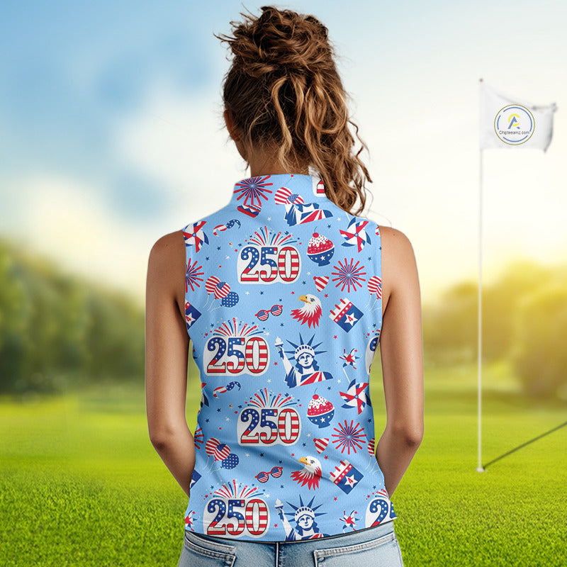 America 250th Anniversary Womens Sleeveless Golf Polo Shirt, Patriotic USA Golf Shirts, Golf Gift NHN0232