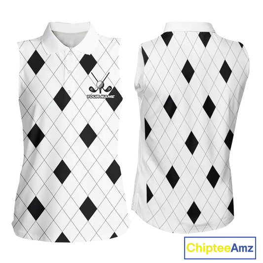 Argyle Womens Sleeveless Golf Polo Shirt Custom Name, Personalized Plaid Golf Shirts For Ladies NHN0120