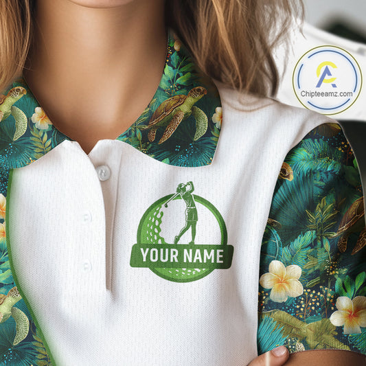 Funny Womens Golf Polo Shirt Custom Green Tropical Leaf Pattern Personalized Turtle Golf Shirts For Women NHN0003