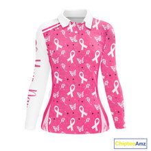 Load image into Gallery viewer, Pink Ribbon Womens Long Sleeve Golf Polo Shirt Custom Butterfly Breast Cancer Awareness Ladies Golf Top NHN0175