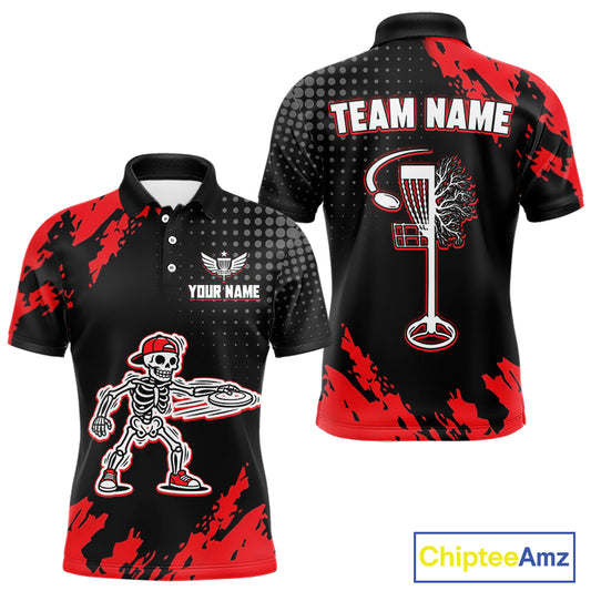 Skull Mens Disc Golf Polo Shirt Custom Name Black And Red Disc Golf Basket Personalized Golf Shirts NHN0049