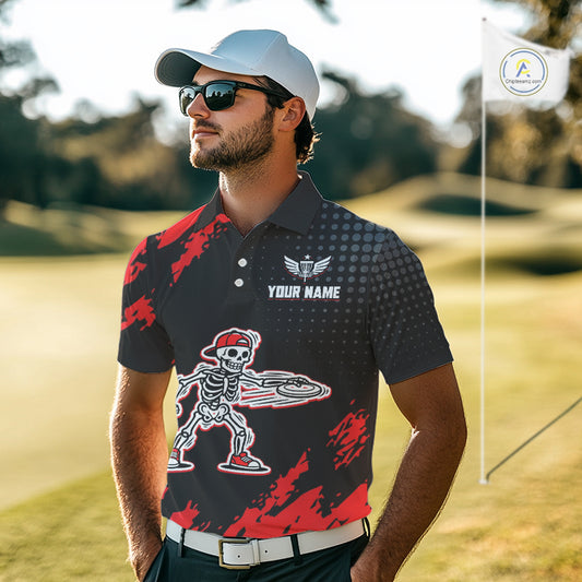 Skull Mens Disc Golf Polo Shirt Custom Name Black And Red Disc Golf Basket Personalized Golf Shirts NHN0049