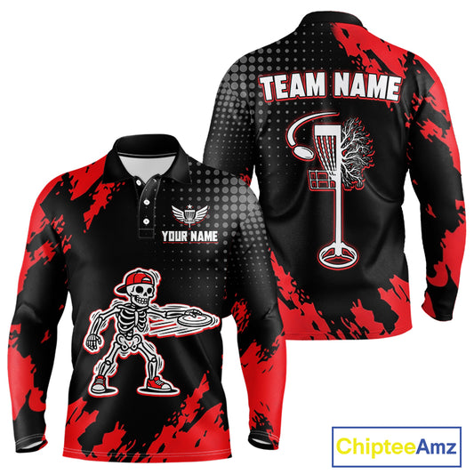 Skull Long Sleeve Disc Golf Polo Shirt Custom Black And Red Disc Golf Basket Personalized Golf Shirts NHN0049