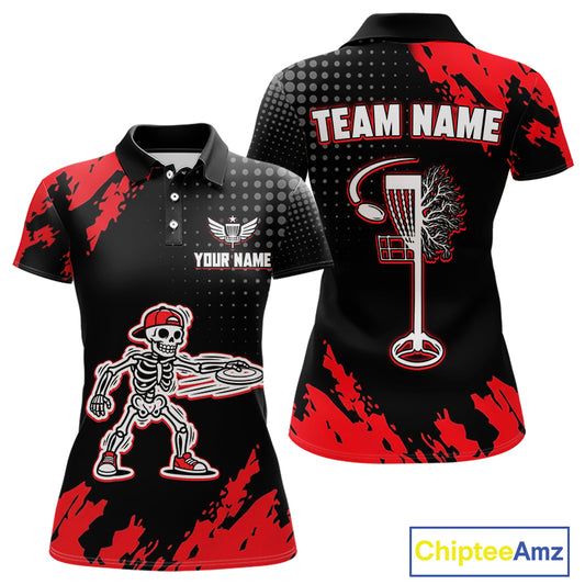Skull Womens Disc Golf Polo Shirt Custom Name Black And Red Disc Golf Basket Personalized Golf Shirts NHN0049